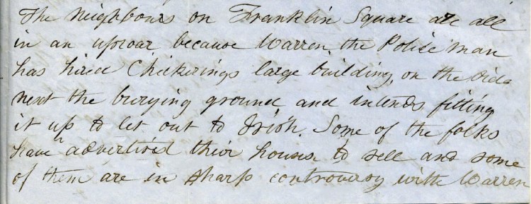 Elizabeth informs Otis Blake that their neighbor intends to fix up a building to rent out to Irish immigrants.