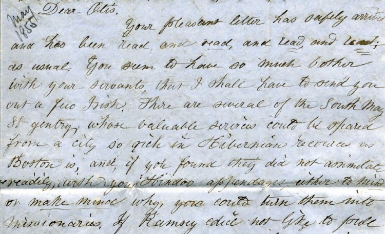 Elizabeth writes to Otis about sending Irish servants to India.